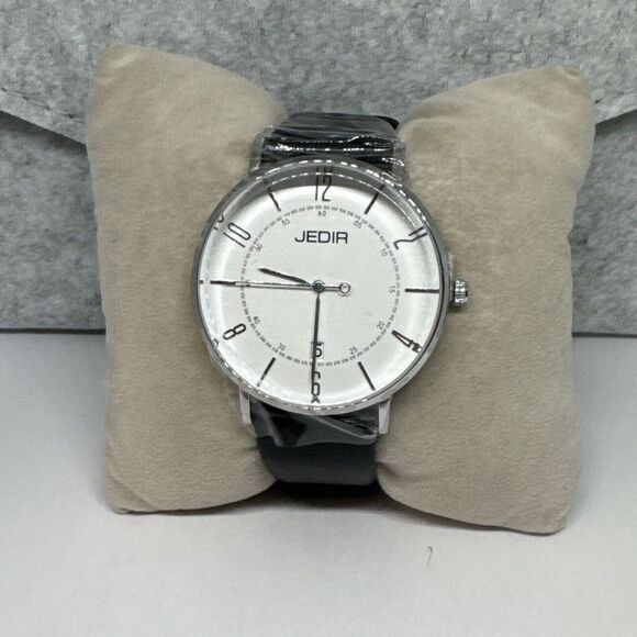 Jedir Men's Black Leather Analog White Dial Quartz Chronometer Watch JNA59 - Picture 2 of 12